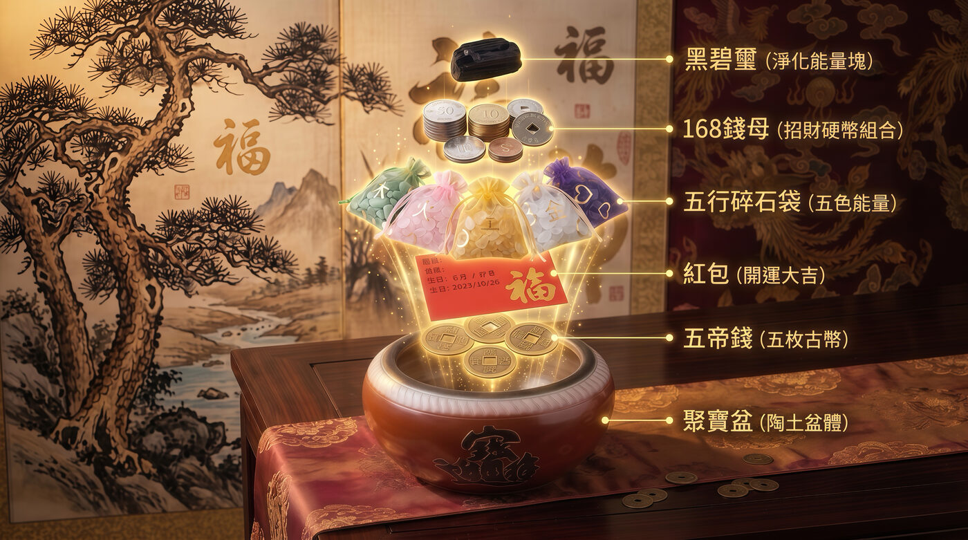 聚寶盆開運佈局大師套組完整內容：黑碧璽、168 錢母、五行碎石袋、紅包、五帝錢、開運陶土聚寶盆